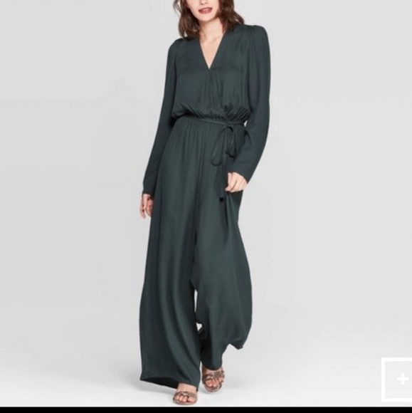 A New Day Green Long Sleeve Faux Wrap Wide Leg Jumpsuit Pants Romper - Picture 1 of 9